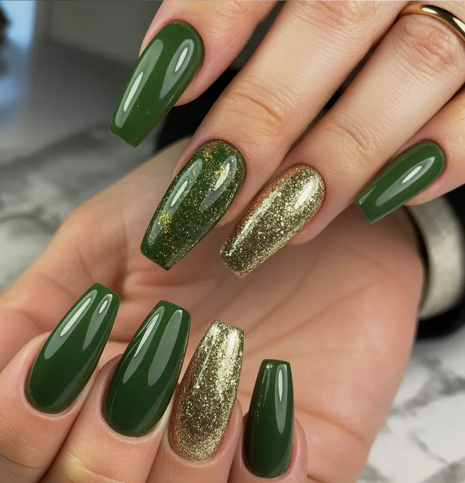 fall ballerina-shaped nail ideas 2025 emerald and gold elegance