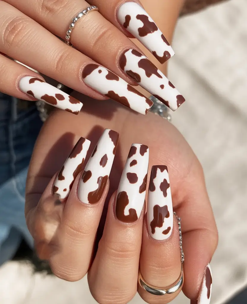 fall ballerina-shaped nail ideas 2025 playful cow print