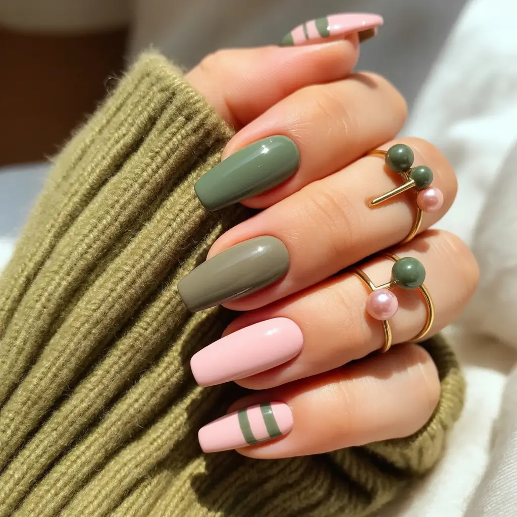 fall ballerina-shaped nail ideas 2025 soft green and blush mix