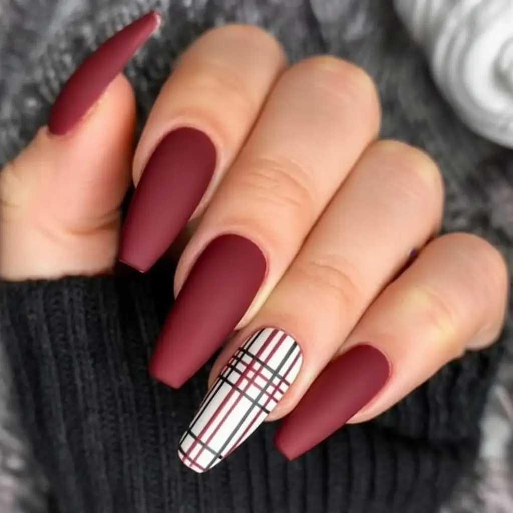 fall ballerina-shaped nail ideas 2025 burgundy matte with plaid accent