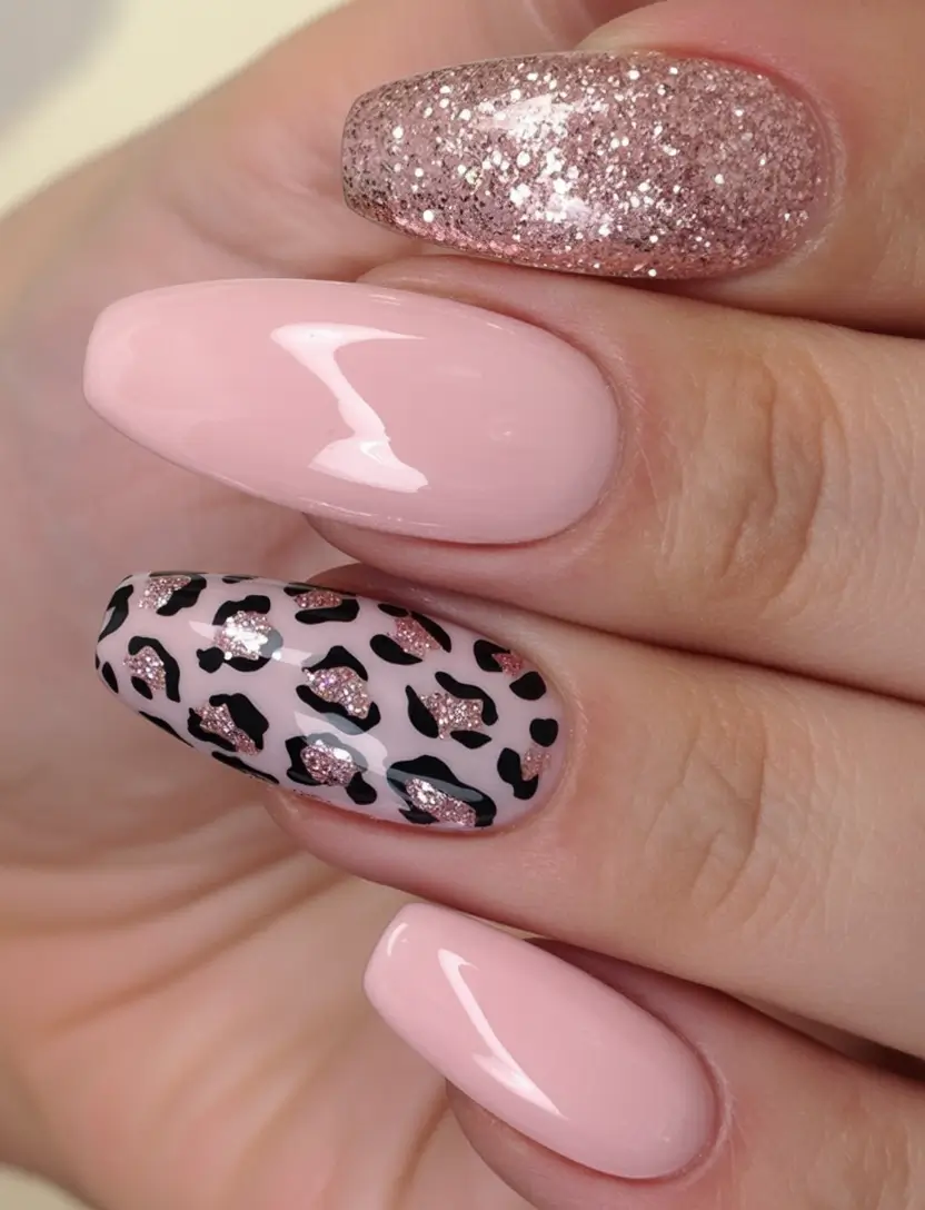 fall ballerina-shaped nail ideas 2025 pink sparkle and leopard mix