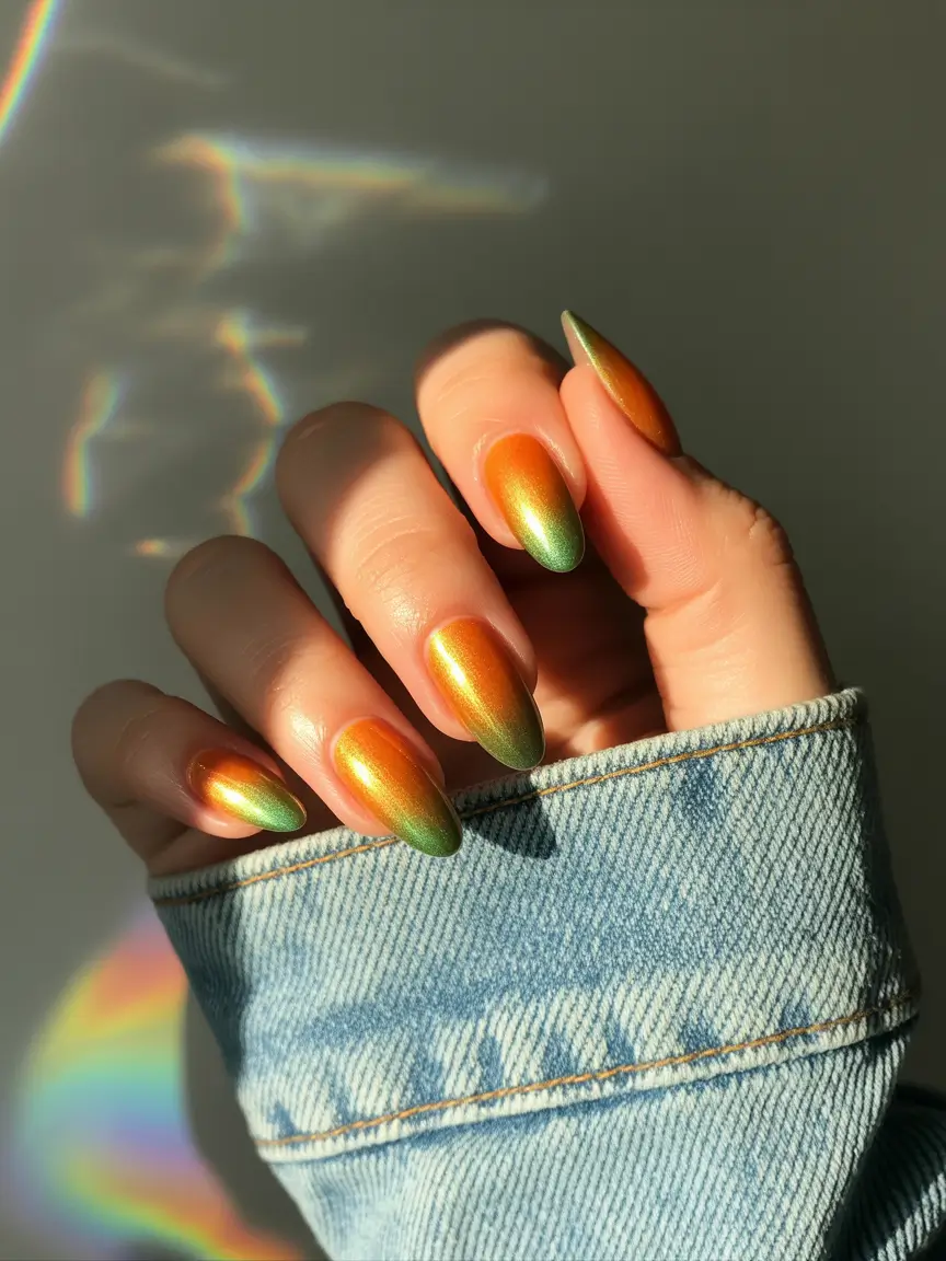 Fall Chrome Nail Designs 2025 Golden Ombre Sunset