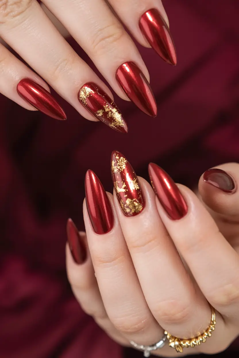 Fall Chrome Nail Designs 2025 Red Chrome with Golden Accents