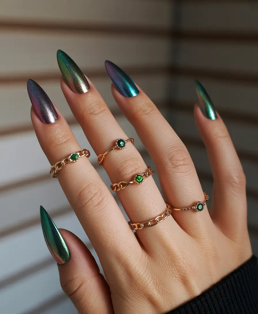Fall Chrome Nail Designs 2025 Emerald Shift Elegance