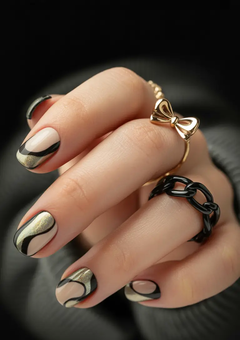 Fall Chrome Nail Designs 2025 Black and Gold Modern Waves