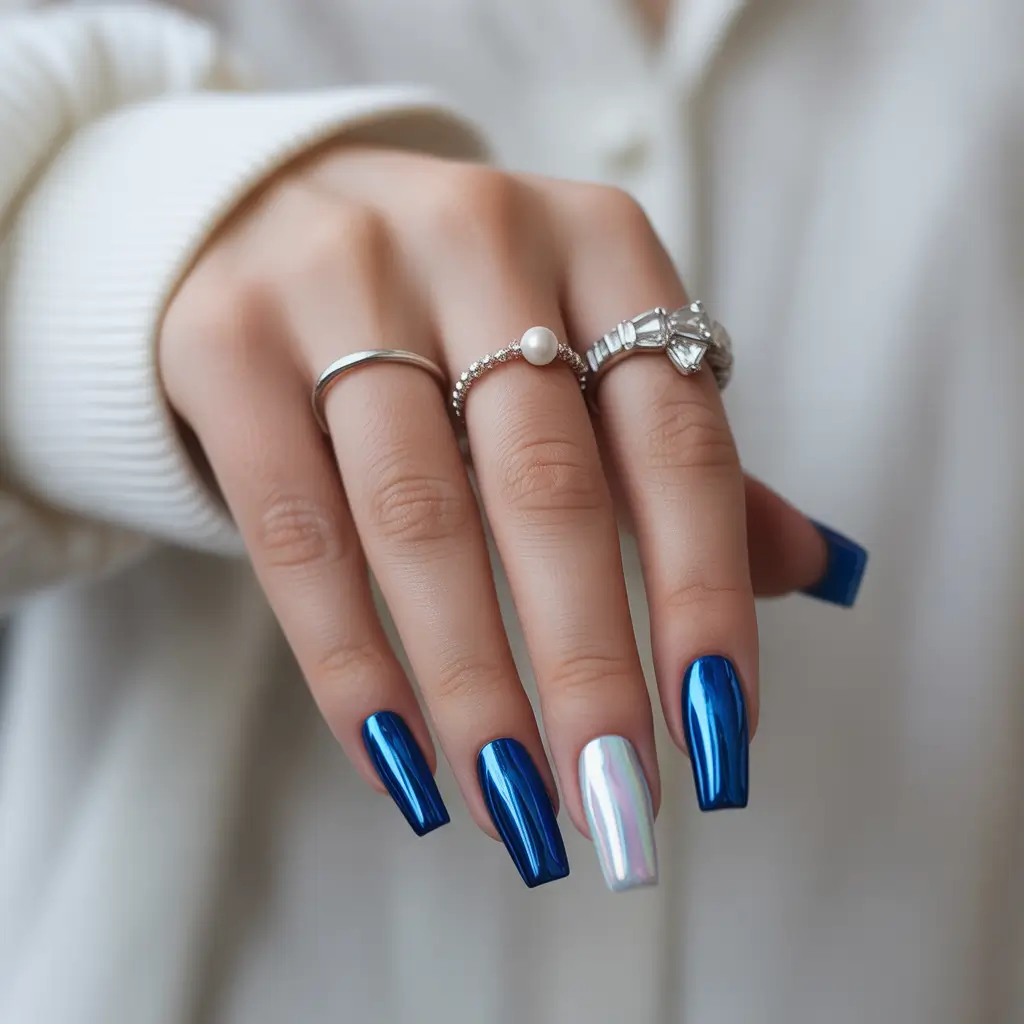 Fall Chrome Nail Designs 2025 Blue Chrome Statement