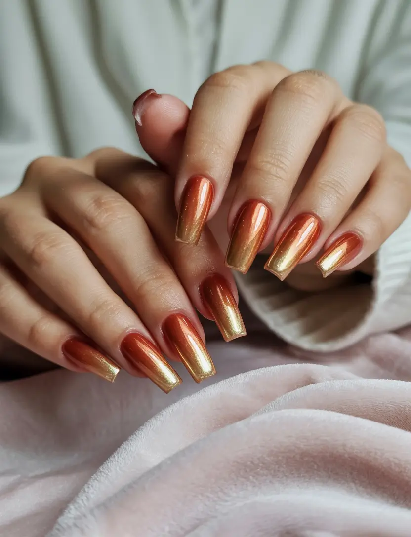 Fall Chrome Nail Designs 2025 Golden Rust Ombre