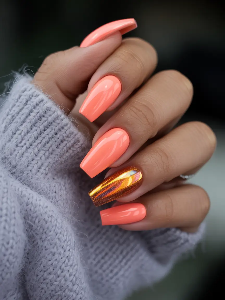 Fall Chrome Nail Designs 2025 Neon Pumpkin Chrome Accent