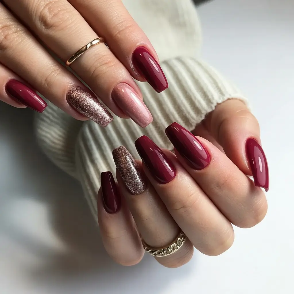 Fall Chrome Nail Designs 2025 Burgundy & Glitter Luxe