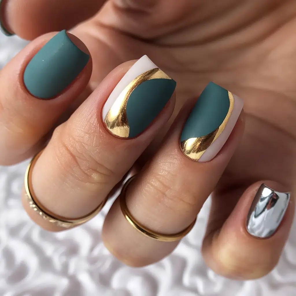 Fall Chrome Nail Designs 2025 Teal and Gold Chrome Balance