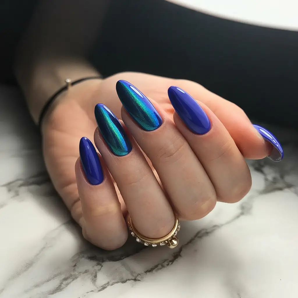 Fall Chrome Nail Designs 2025 Royal Blue Chrome Shine