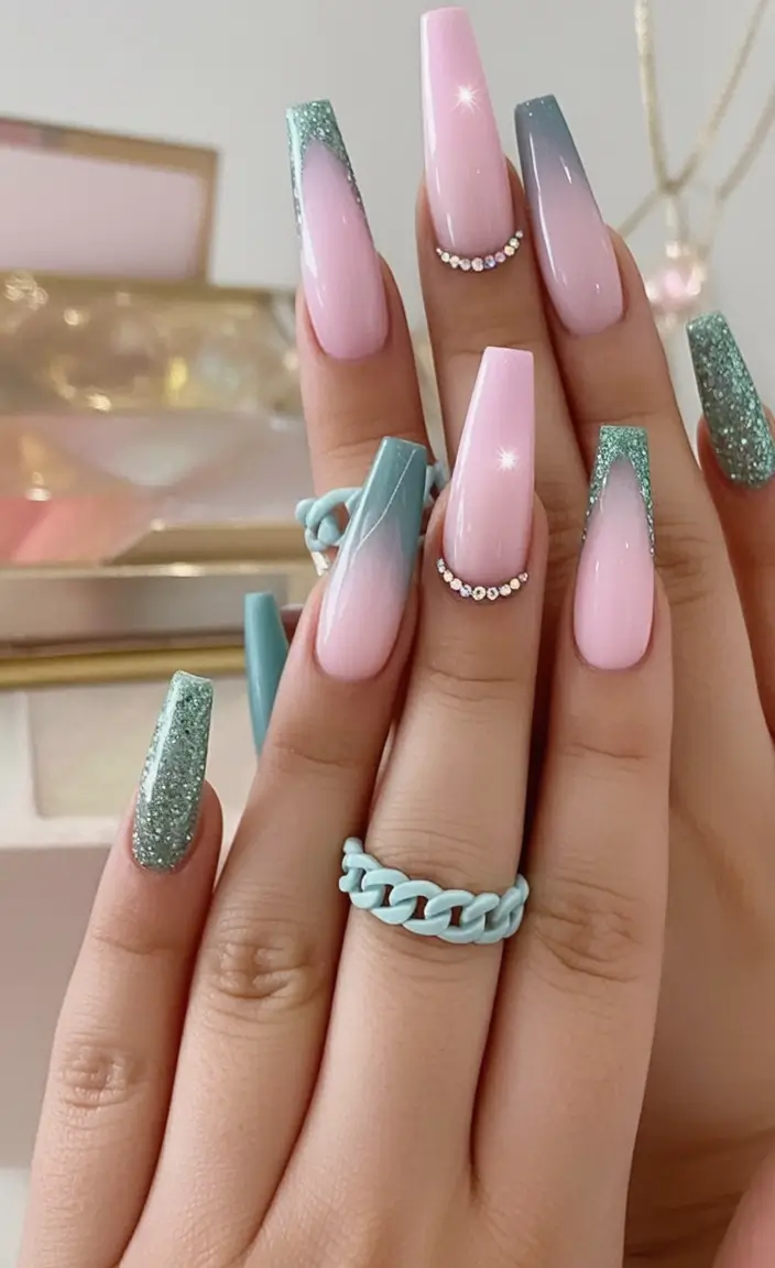 fall coffin nail ideas 2025 Glam Sparkle and Gradient Pink