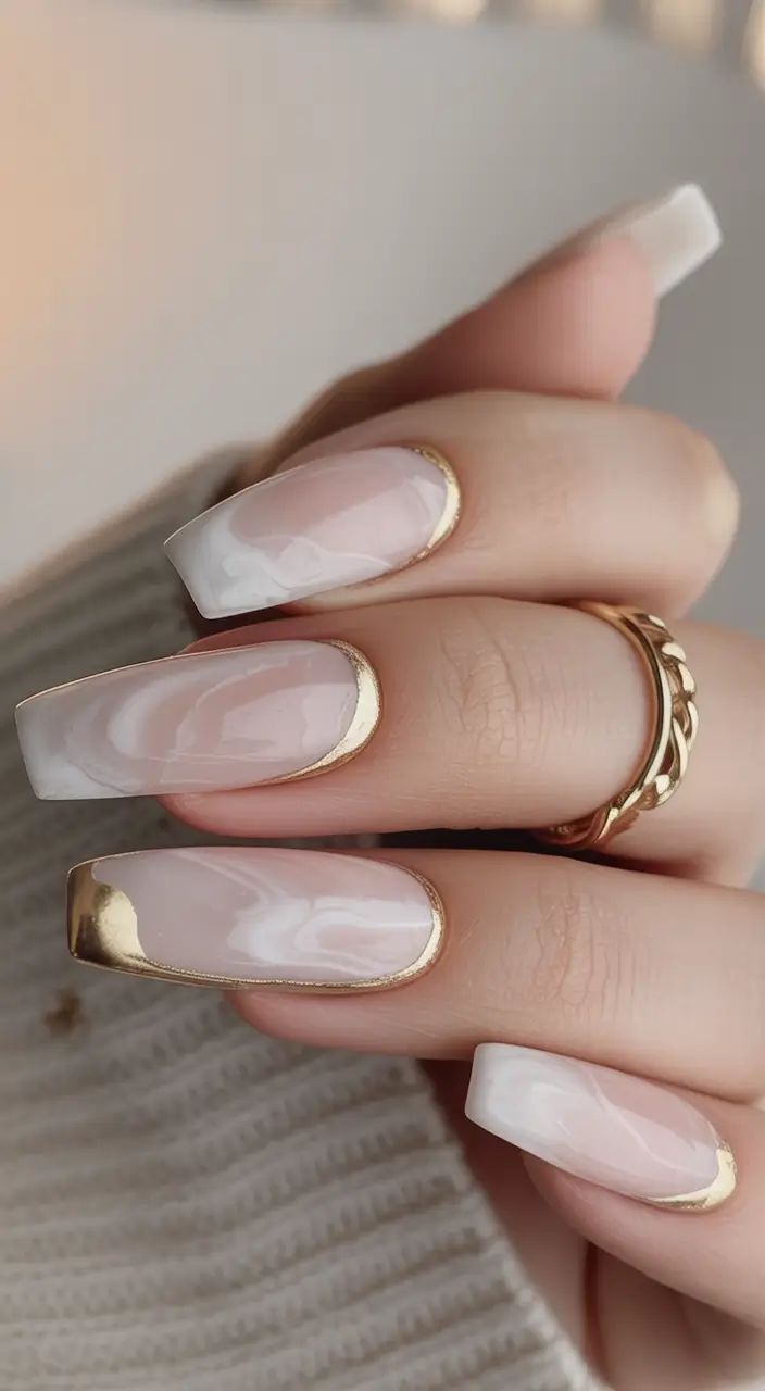 fall coffin nail ideas 2025 Clouded Marble with Gold Frames
