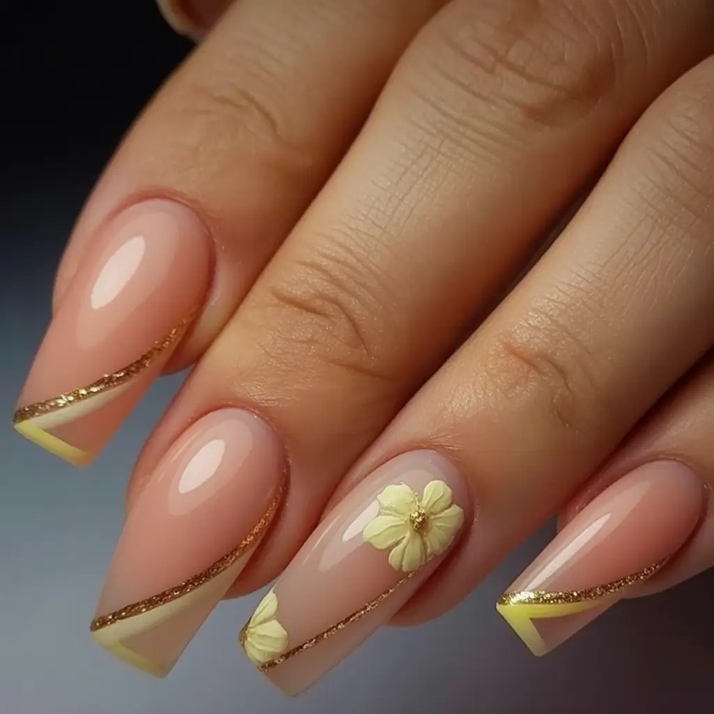 fall coffin nail ideas 2025 Golden Bloom and Diagonal Tips