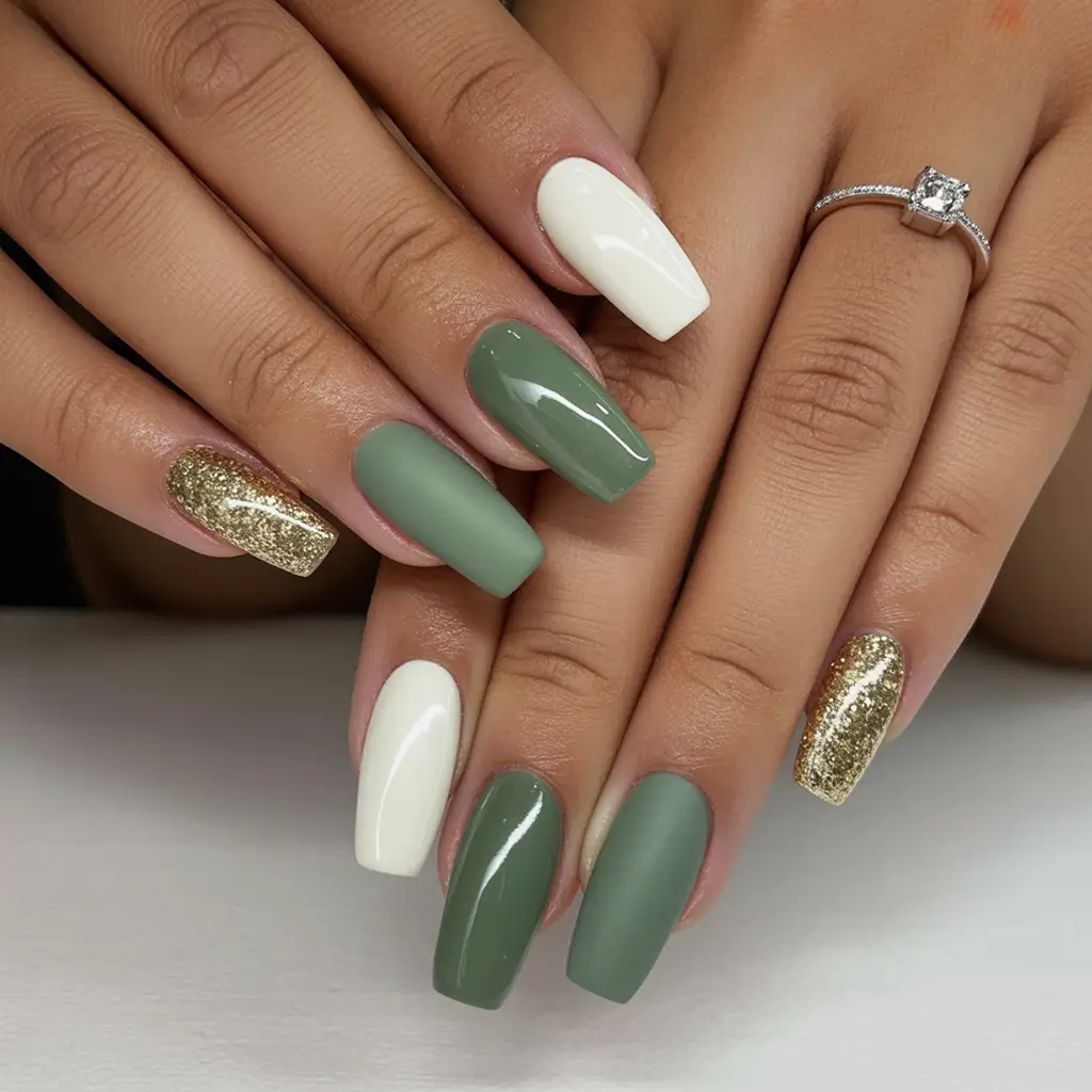 fall coffin nail ideas 2025 Olive Green and Gold Luxe Mix