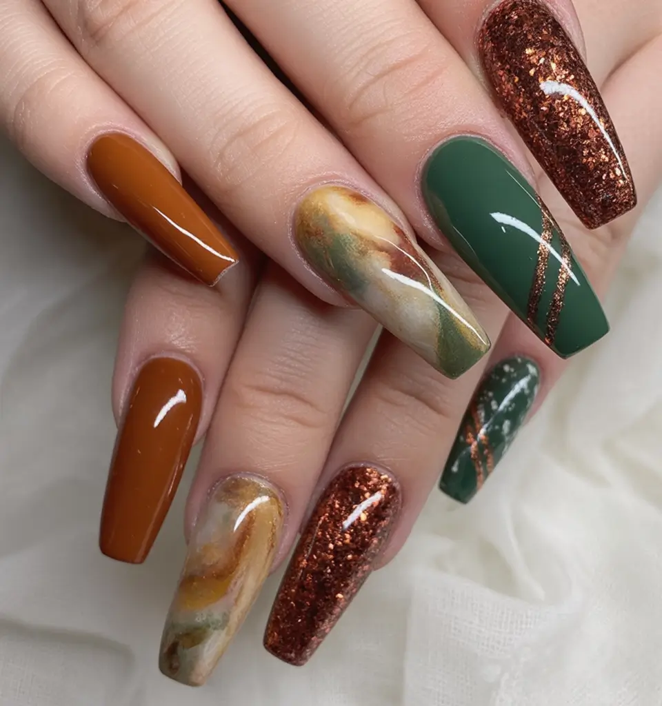 fall coffin nail ideas 2025 Earthy Elegance with Olive and Burnt Copper