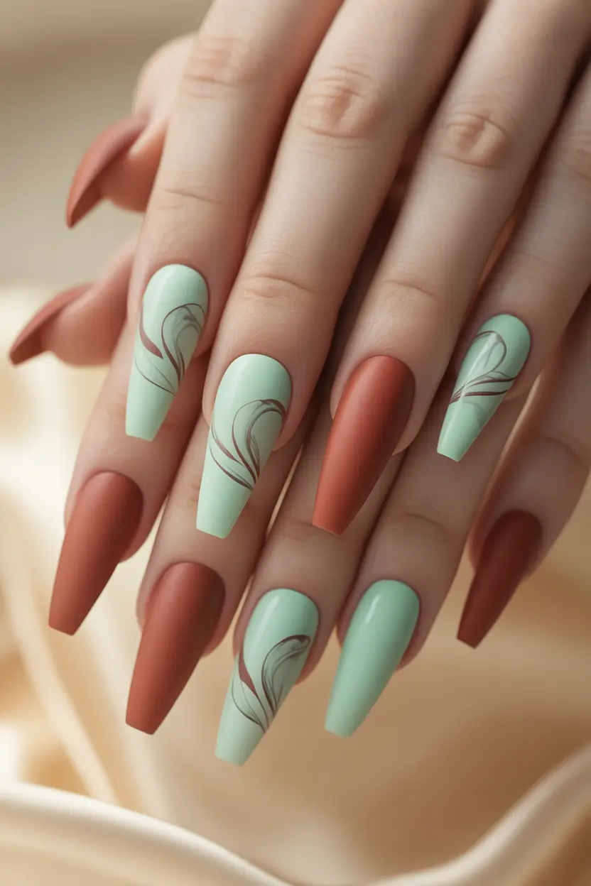 fall coffin nail ideas 2025 Matte Pistachio and Clay Leaf Swirls