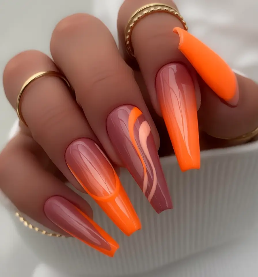fall coffin nail ideas 2025 Tangerine Flame Meets Mauve Sunset