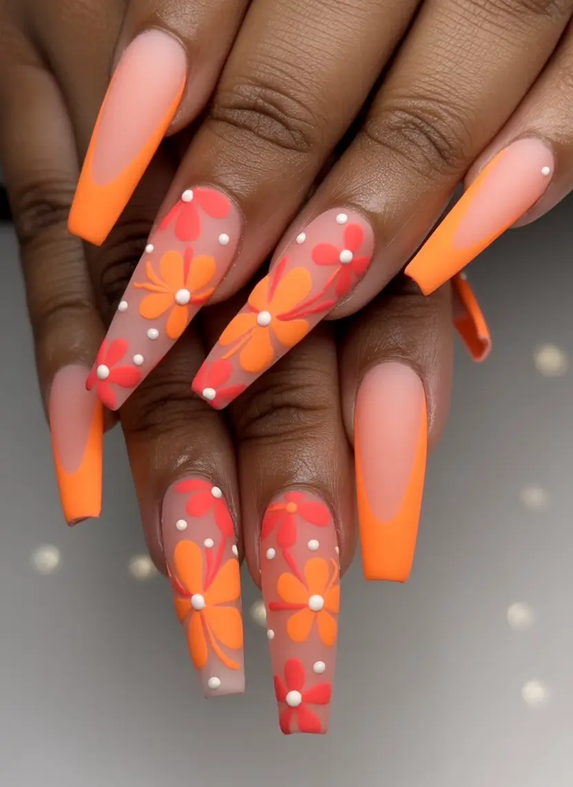 fall coffin nail ideas 2025 Floral Neon with a Matte Sunset Glow