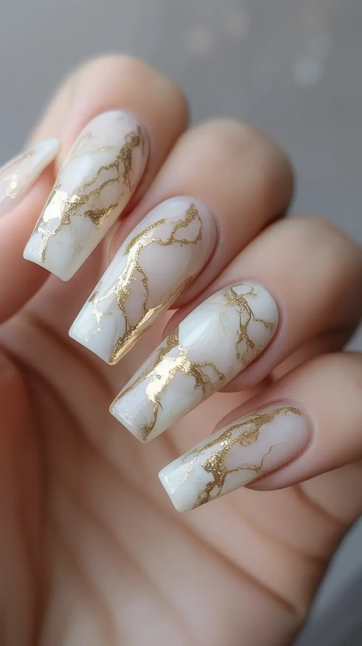 fall coffin nail ideas 2025 Elegant White and Gold Marble