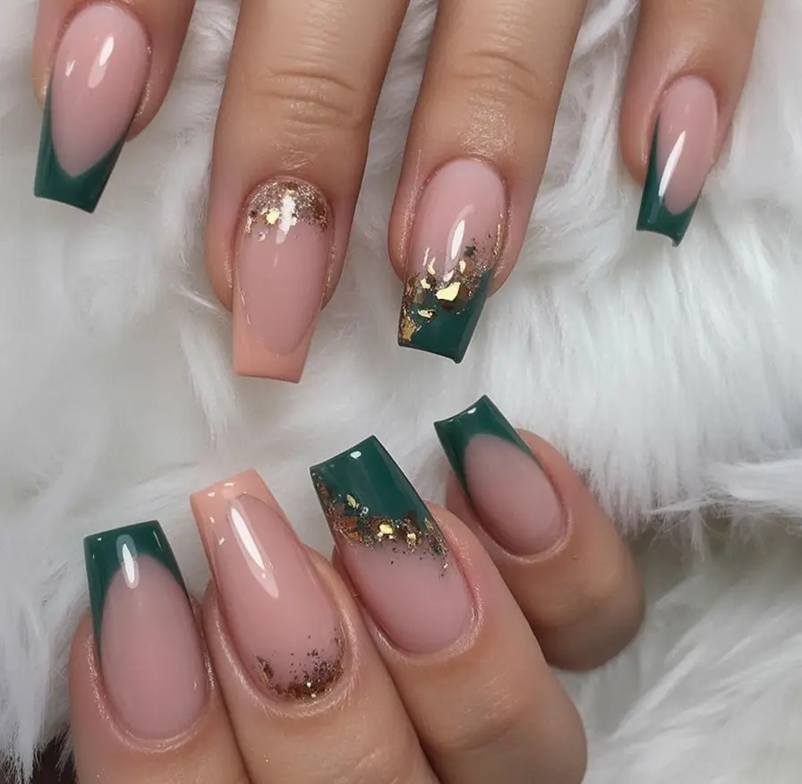 fall coffin nail ideas 2025 Emerald Tips with Gold Leaf Drama