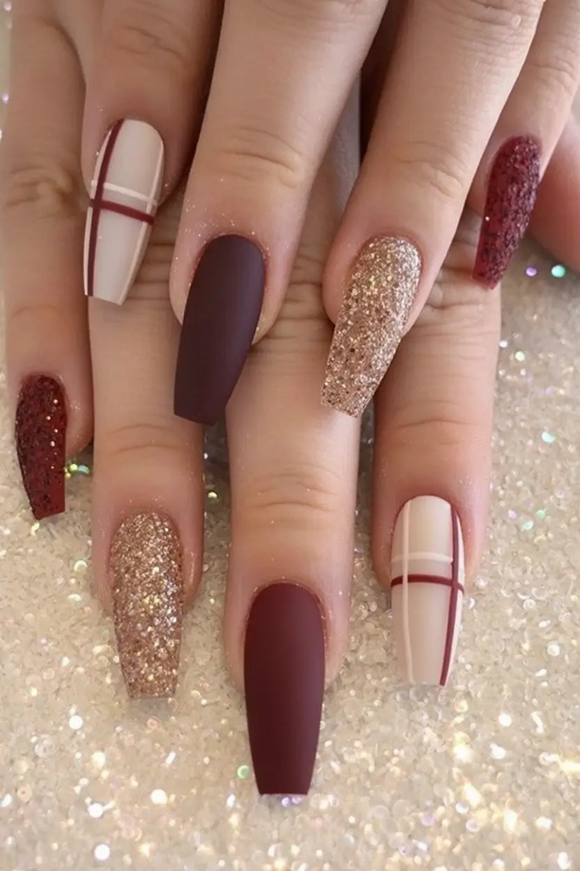 fall coffin nail ideas 2025 Burgundy Matte Meets Holiday Sparkle