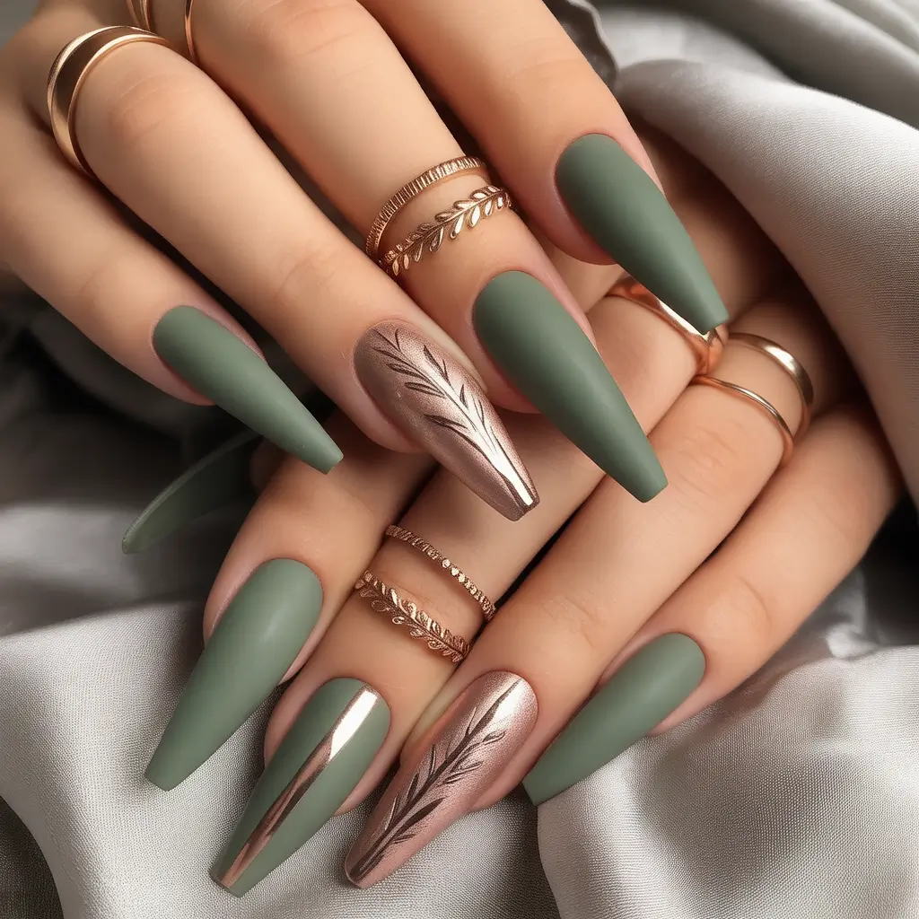 fall coffin nail ideas 2025 Matte Olive with Metallic Accents