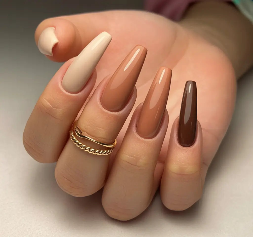 fall coffin nail ideas 2025 Gradient Mocha Neutrals