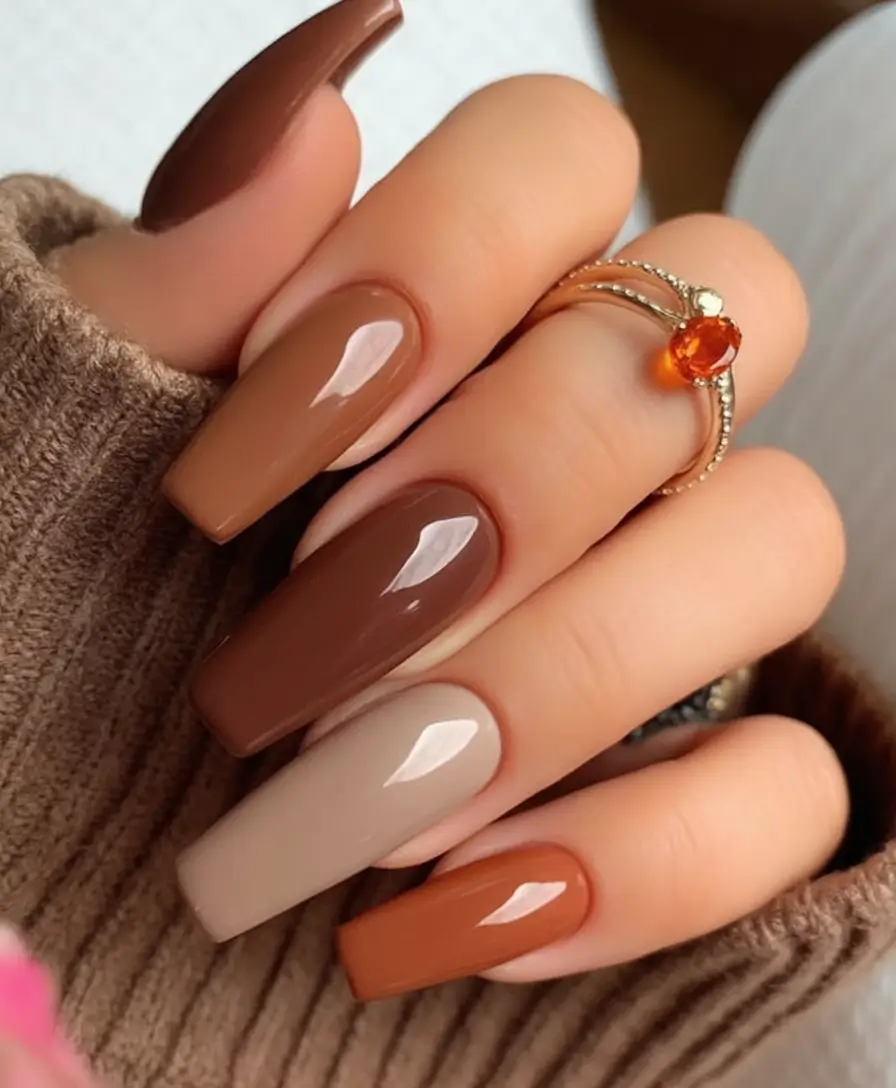 fall coffin nail ideas 2025 Cozy Coffee-Inspired Browns