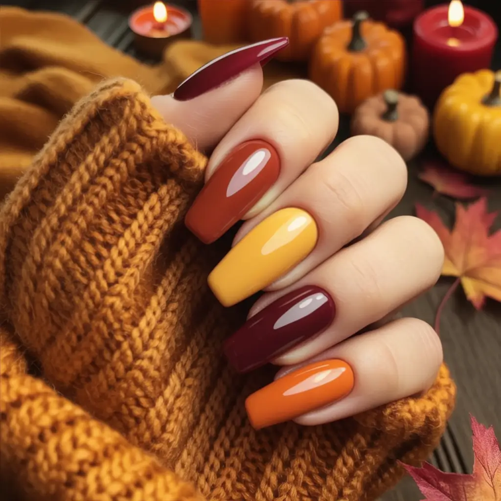 fall coffin nail ideas 2025 Bold Autumn Rainbow