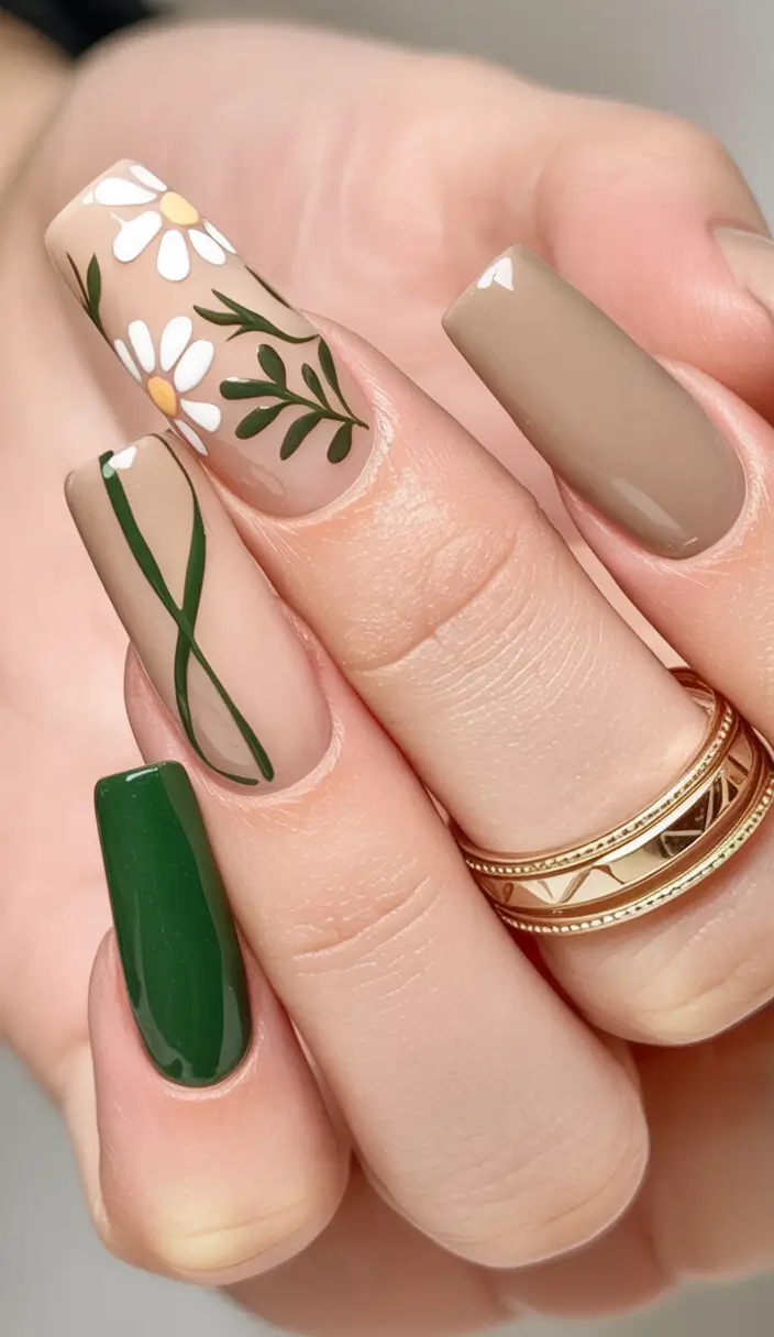 fall coffin nail ideas 2025 Earthy Green and Botanical Accents