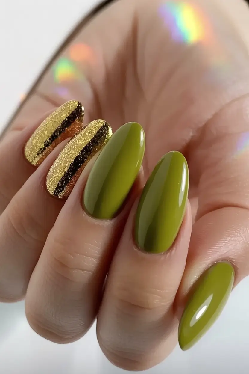 fall green nails 2025 Olive and Gold Power Combo