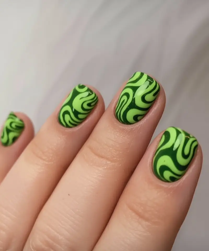 fall green nails 2025 Neon Swirl Energy