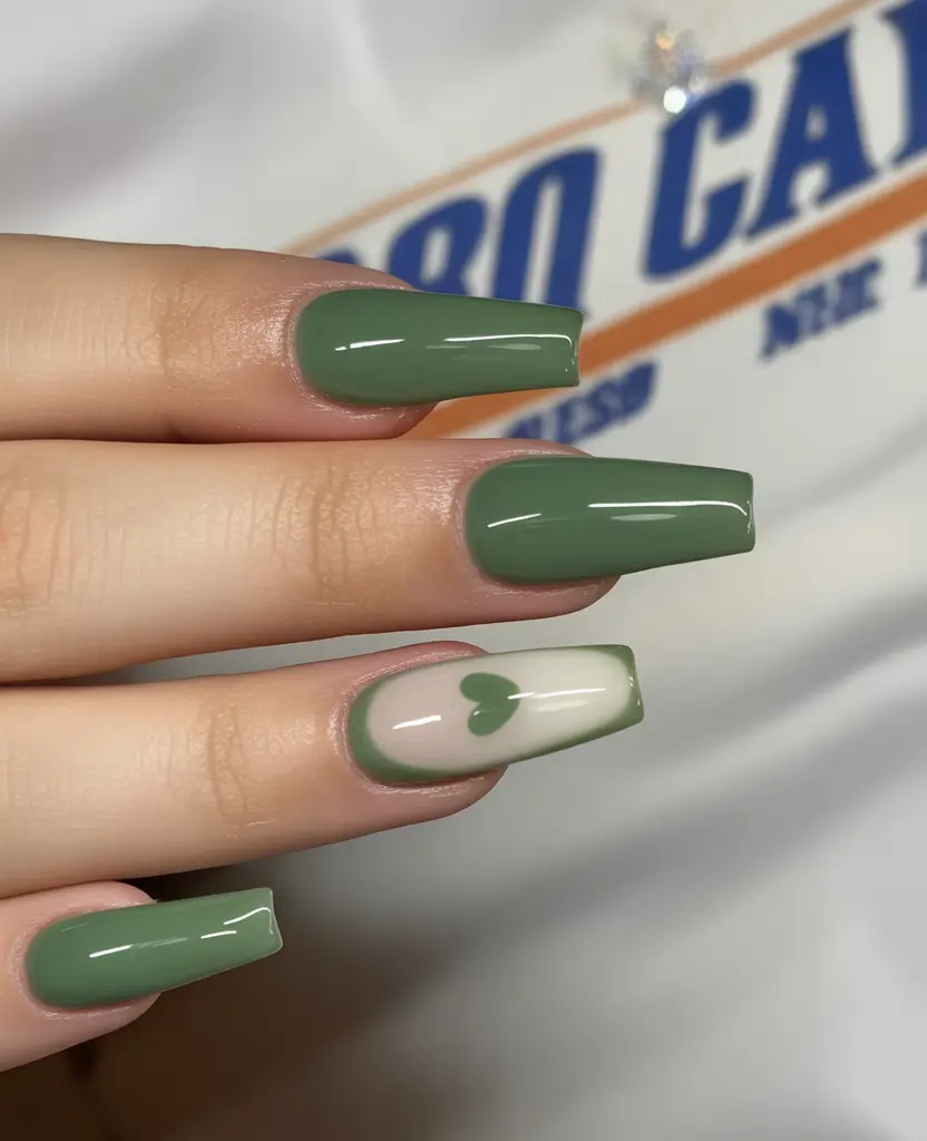 fall green nails 2025 Minimal Sage Heart