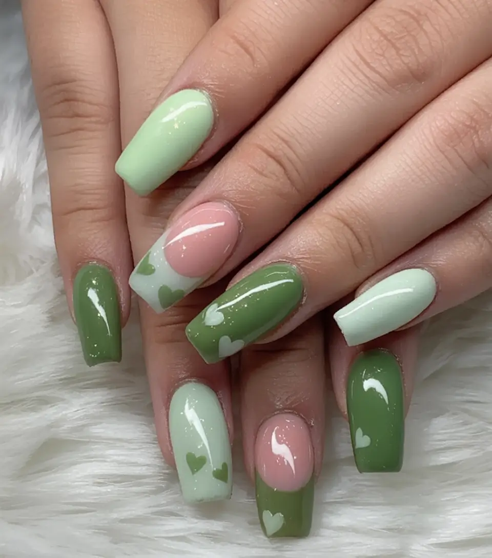 fall green nails 2025 Heart Mix & Match Romance