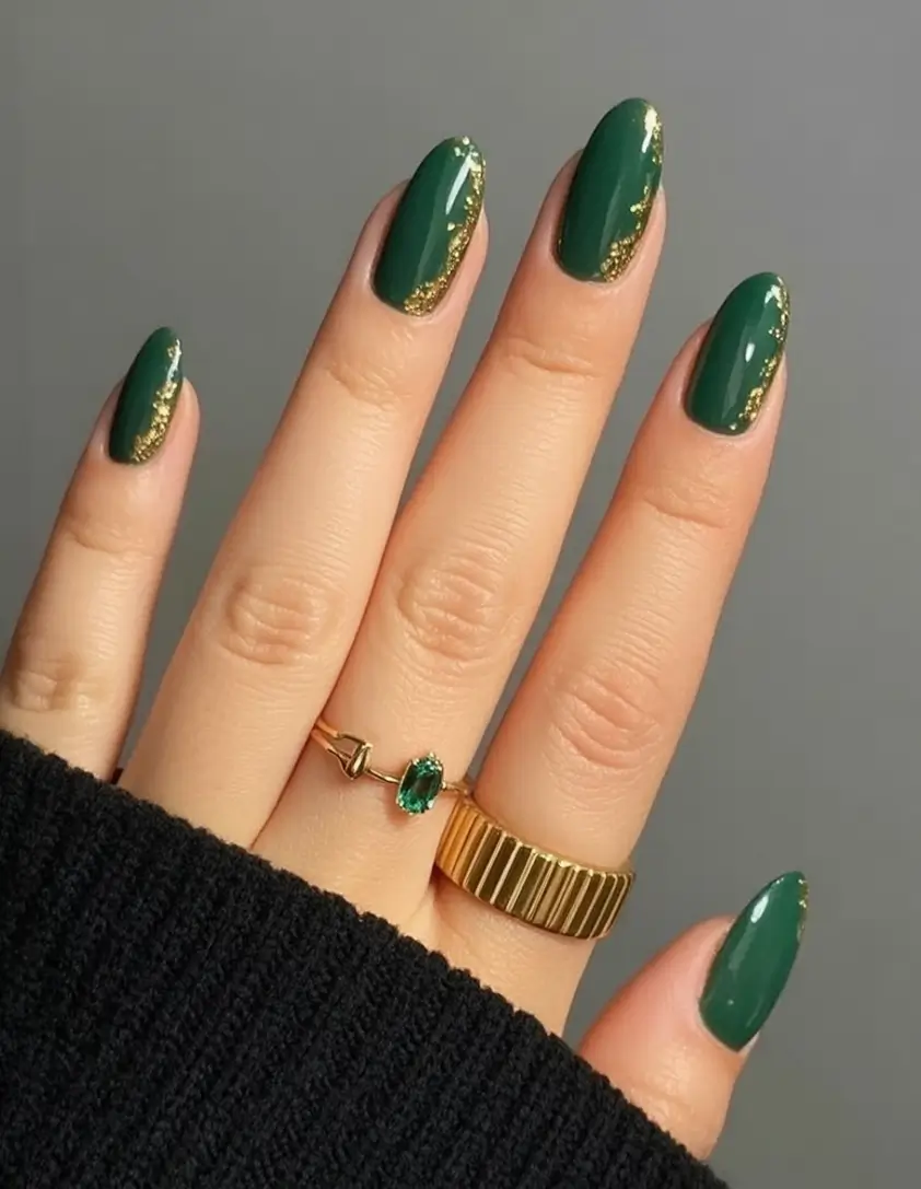 fall green nails 2025 Emerald Gold Luxe