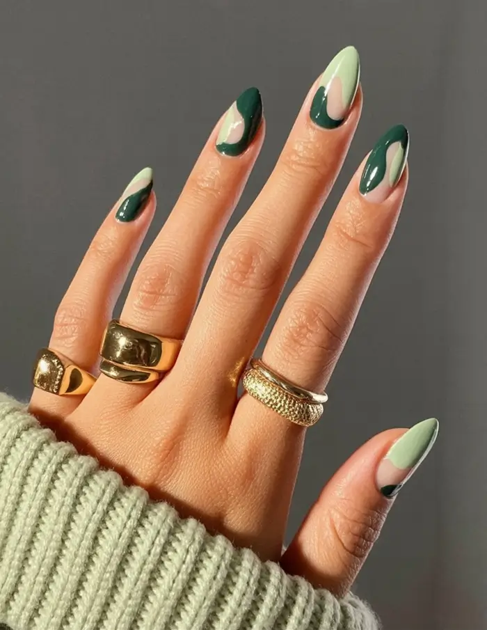 fall green nails 2025 Two-Tone Wave Tips