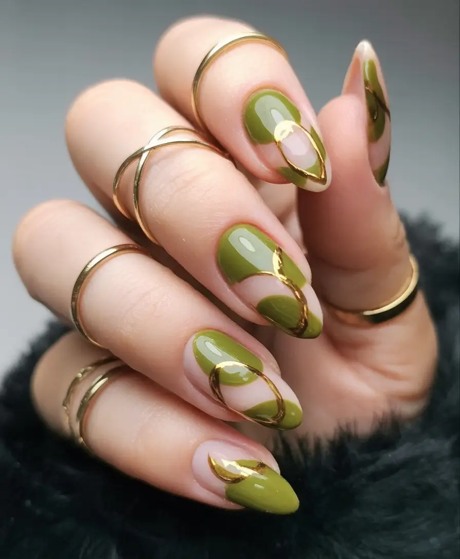 fall green nails 2025 Olive Gold Ribbon Art
