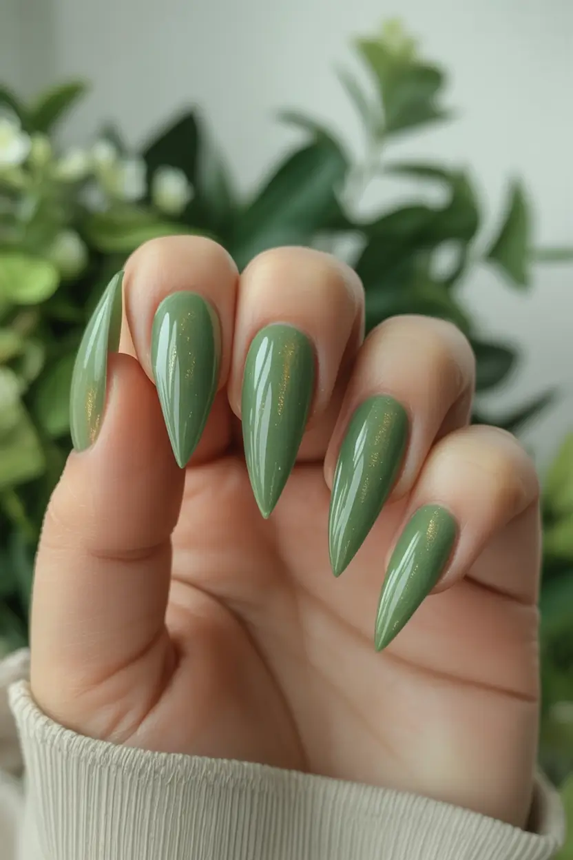 fall green nails 2025 Sage Stiletto Shine