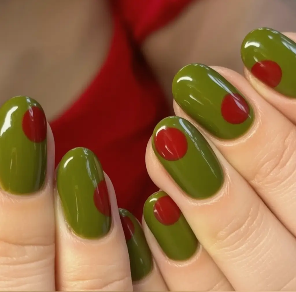 fall green nails 2025 Retro Olive Dot Play
