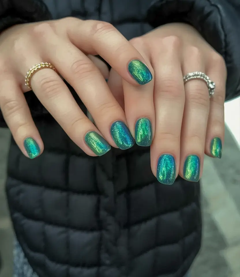 fall green nails 2025 Mermaid Chrome Shift