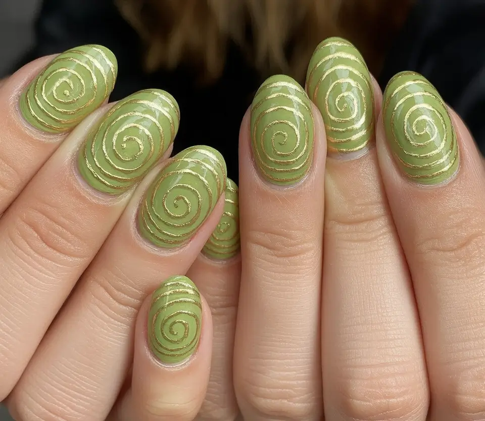 fall green nails 2025 Golden Spiral Sage