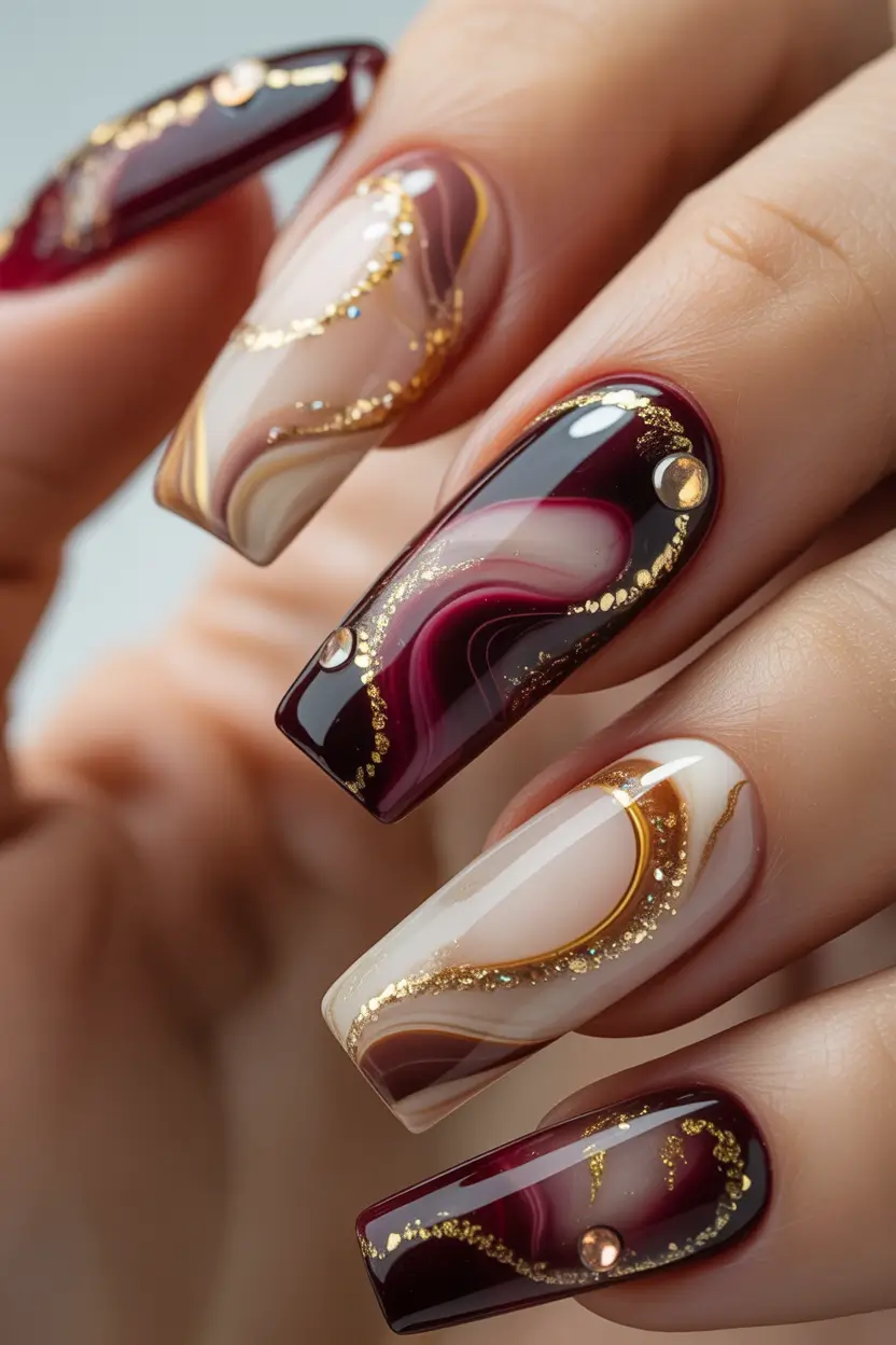 Fall Nail Art 2025 3D Style Velvet Burgundy with Golden Swirls