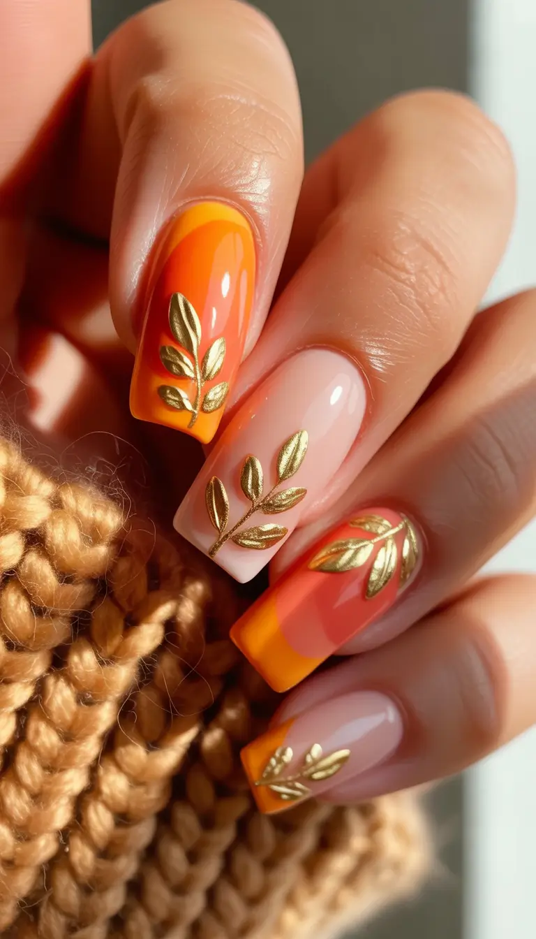 Fall Nail Art 2025 3D Style Golden Leaf Accents on Autumn Ombre