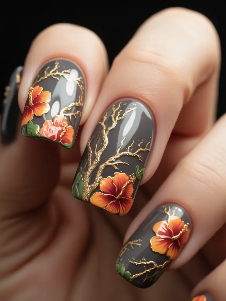 Fall Nail Art 2025 3D Style Autumn Bloom with Gilded Branches