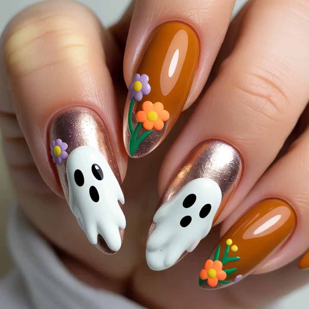 Fall Nail Art 2025 3D Style Playful Ghosts and Flowers