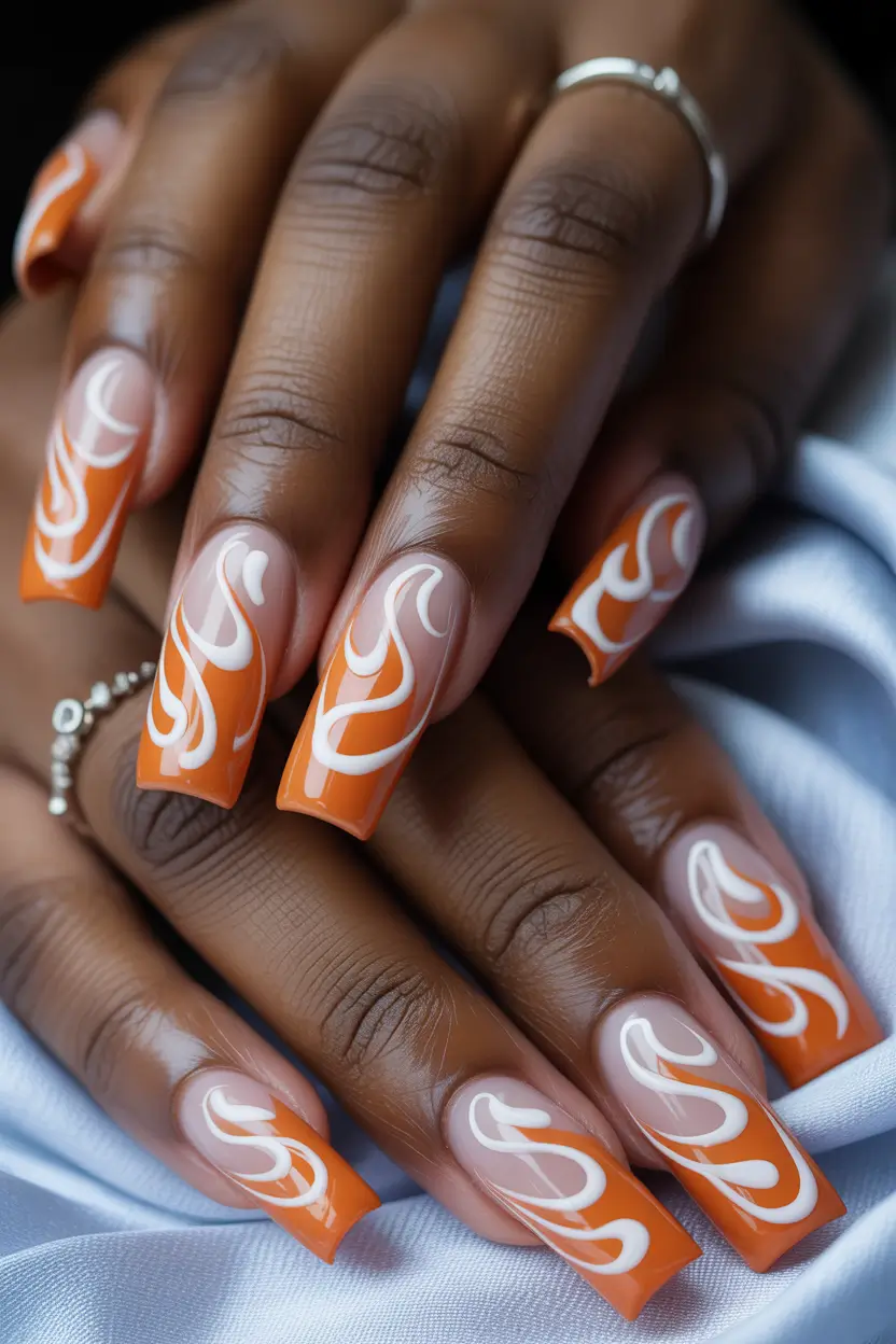 Fall Nail Art 2025 3D Style Orange Flames with White Accents