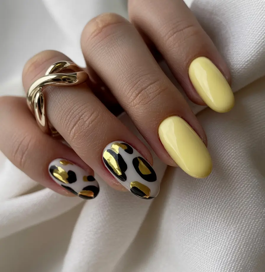 Fall Nail Colors for Medium Skin 2025 – Top Picks Yellow Glow with Golden Leopard Print