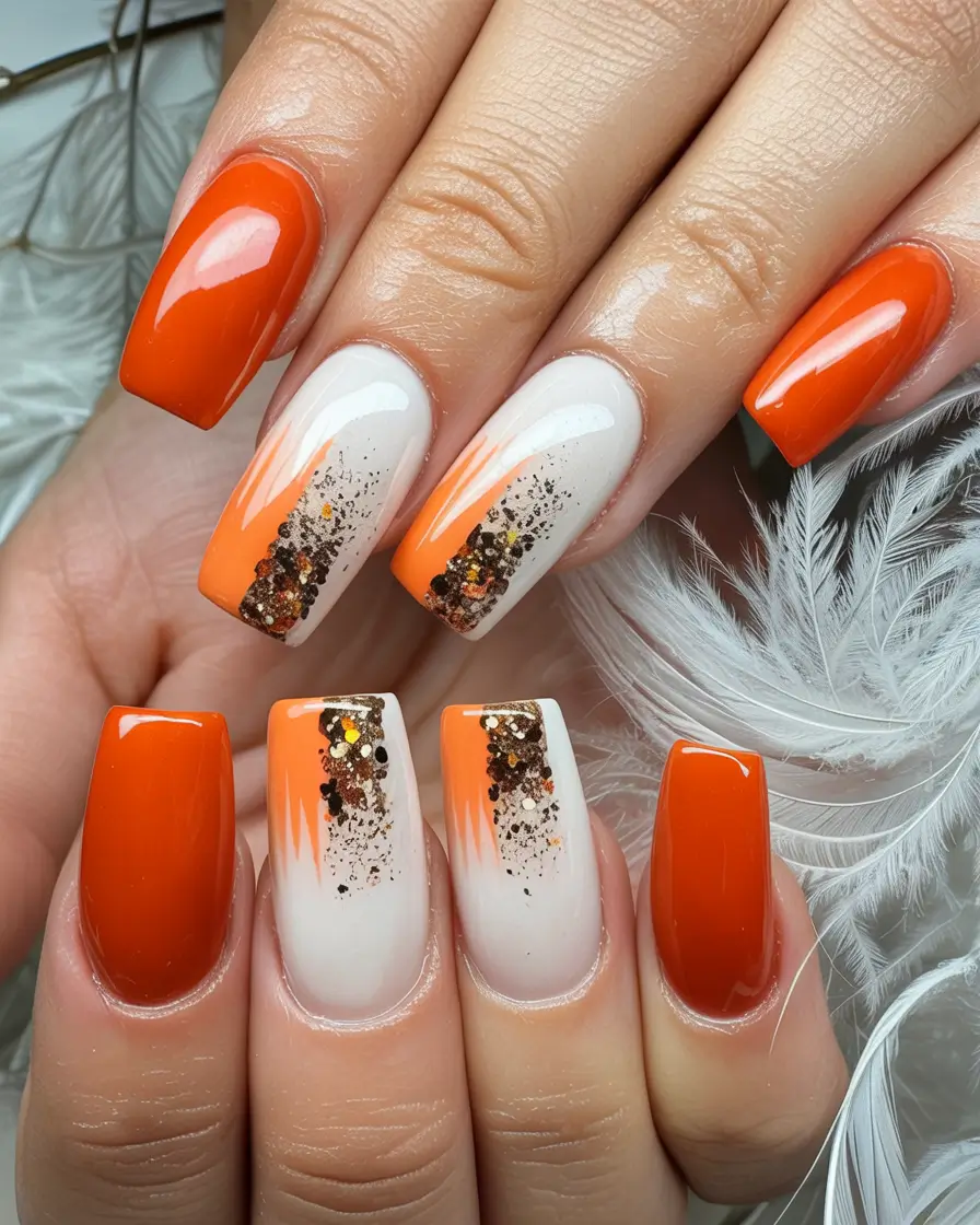 Fall Nail Colors for Medium Skin 2025 – Top Picks Orange Ombre with Glitter