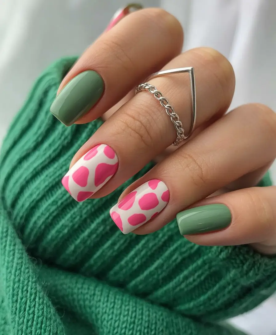 Fall Nail Colors for Medium Skin 2025 – Top Picks Playful Green and Pink Square Mix